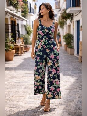 Old Navy Floral Wide Leg Jumpsuit Linen Blend Navy Pink Small